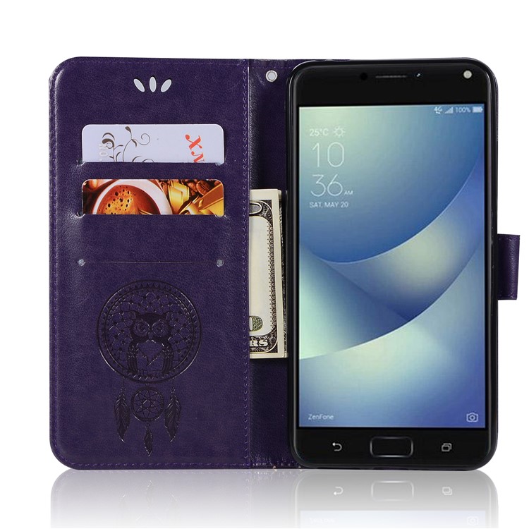 Búho Estampado Dream Catcher Pattern Billetera Magnética De Cuero Para Asus Zenfone 4 Max / 4 Max Pro / 4 Max Plus (zc554kl) - Púrpura-4