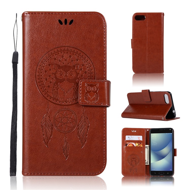 Imprint Owl Dream Catcher Pattern Leather Cover Shell with Strap for Asus ZenFone 4 Max / 4 Max Pro / 4 Max Plus (ZC554KL) - Brown -1