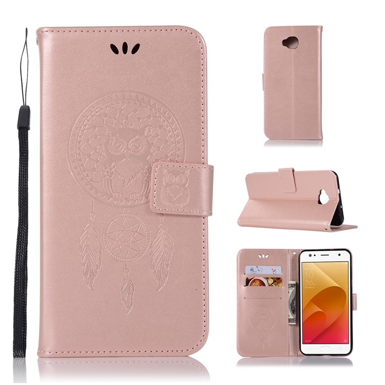 For Asus Zenfone 4 Selfie ZD553KL/ 4 Selfie ZB553KL/ 4 Selfie Lite ZB553KL Imprint Owl Dream Catcher Pattern Leather Wallet Phone Cover Accessory - Rose Gold-1