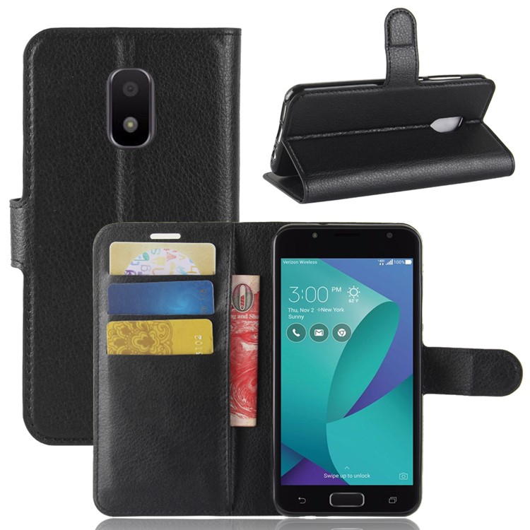 Litchi Skin PU Leather Magnetic Wallet Stand Phone Shell for Asus ZenFone V Live V500KL - Black-1