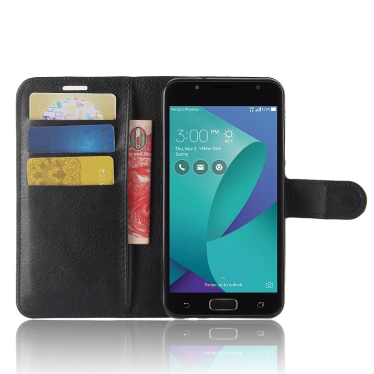 Litchi Skin PU Leather Magnetic Wallet Stand Phone Shell for Asus ZenFone V Live V500KL - Black-4