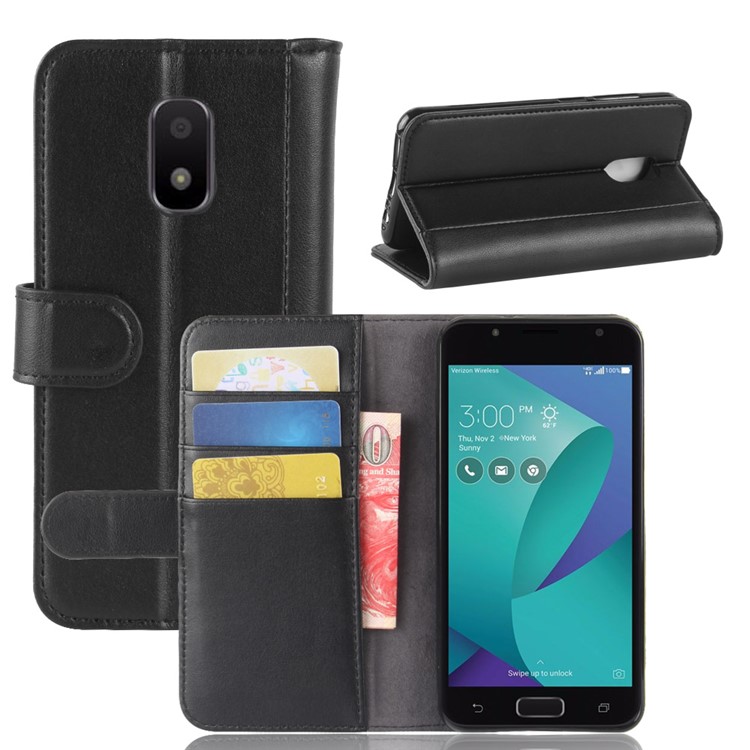 Genuine Split Leather Wallet Folio Stand Phone Cover for ASUS ZenFone V Live V500KL - Black-1