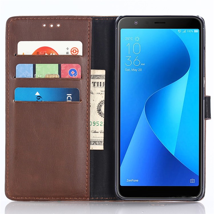 Retro Style Crazy Horse Grain Wallet Leather Case Accessory with Stand for Asus ZenFone Max Plus (M1) ZB570TL - Coffee-3