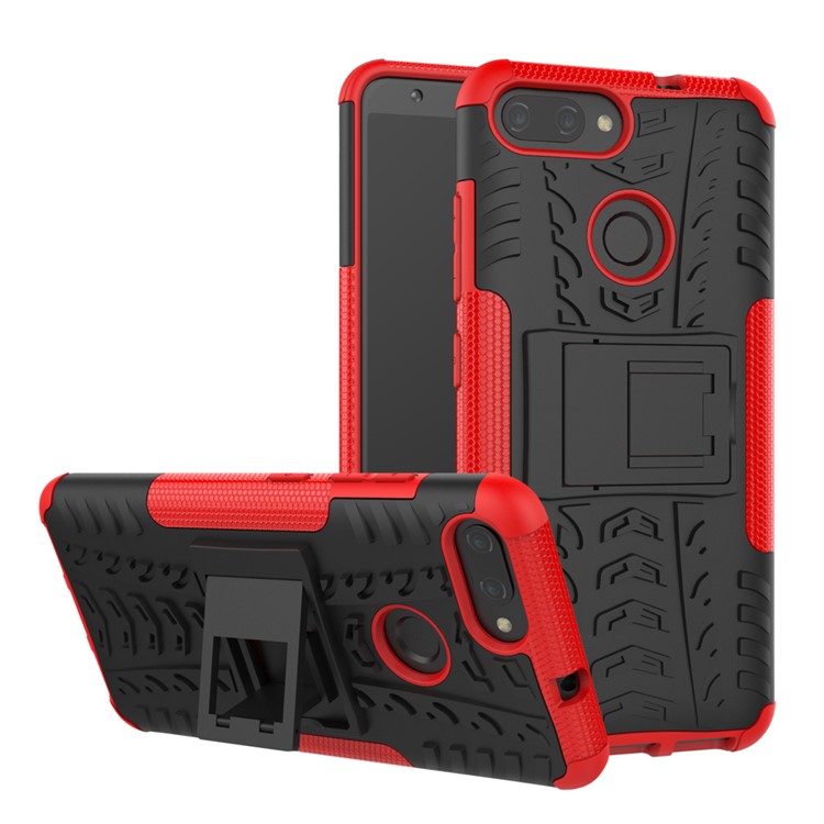 Tyre Pattern PC + TPU Hybrid Cover with Kickstand for Asus ZenFone Max Plus (M1) ZB570TL - Red-1
