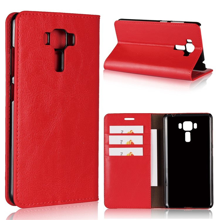 Crazy Horse Texture Genuine Leather Wallet Mobile Cover for Asus Zenfone 3 Laser ZC551KL - Red-1