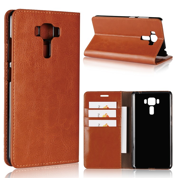 Crazy Horse Texture Genuine Leather Shell with Stand for Asus Zenfone 3 Laser ZC551KL - Brown-1