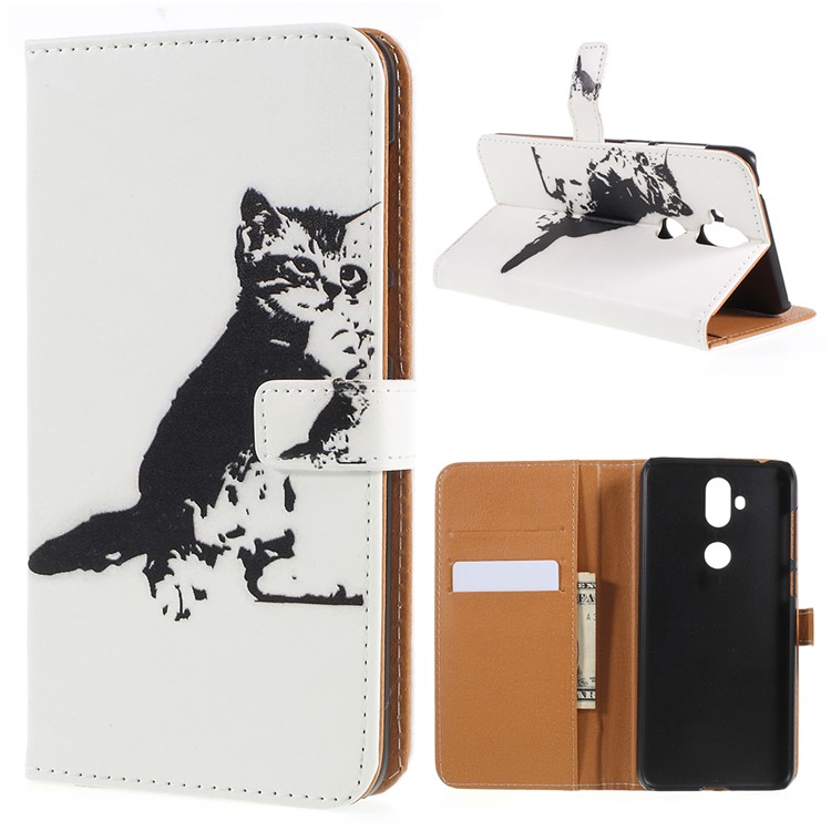 Pattern Printing Wallet Leather Cover Case for Asus Zenfone 5 Lite ZC600KL - Black and White Cat-1