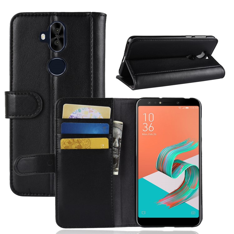 For Asus Zenfone 5 Lite ZC600KL Flip Genuine Split Leather Wallet Cover Shell - Black-1