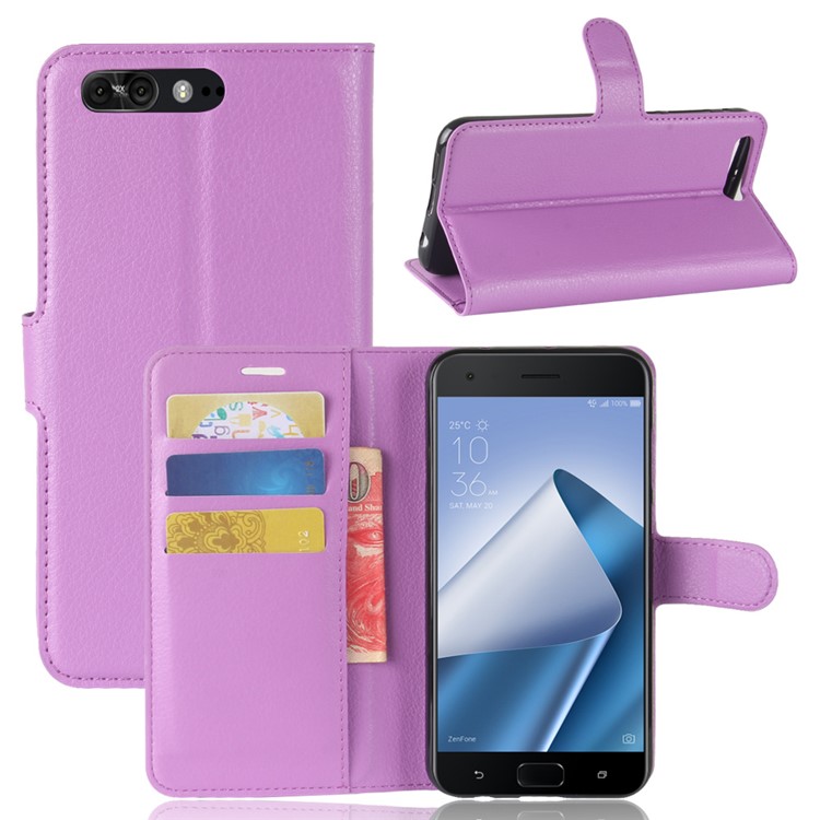 Litchi Texture Wallet Stand Leather Cover Protector for Asus ZenFone 4 Pro (ZS551KL) - Purple-1