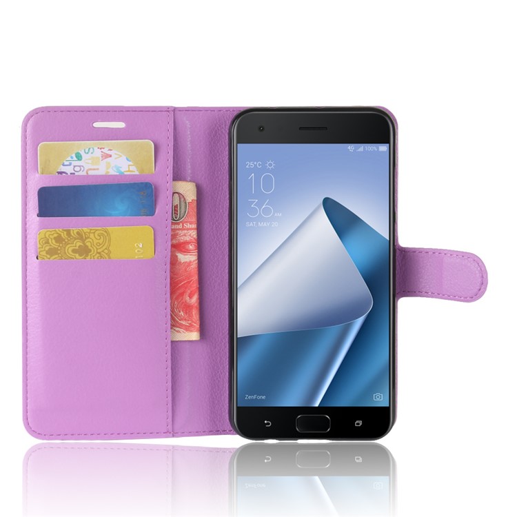 Litchi Texture Wallet Stand Leather Cover Protector for Asus ZenFone 4 Pro (ZS551KL) - Purple-4