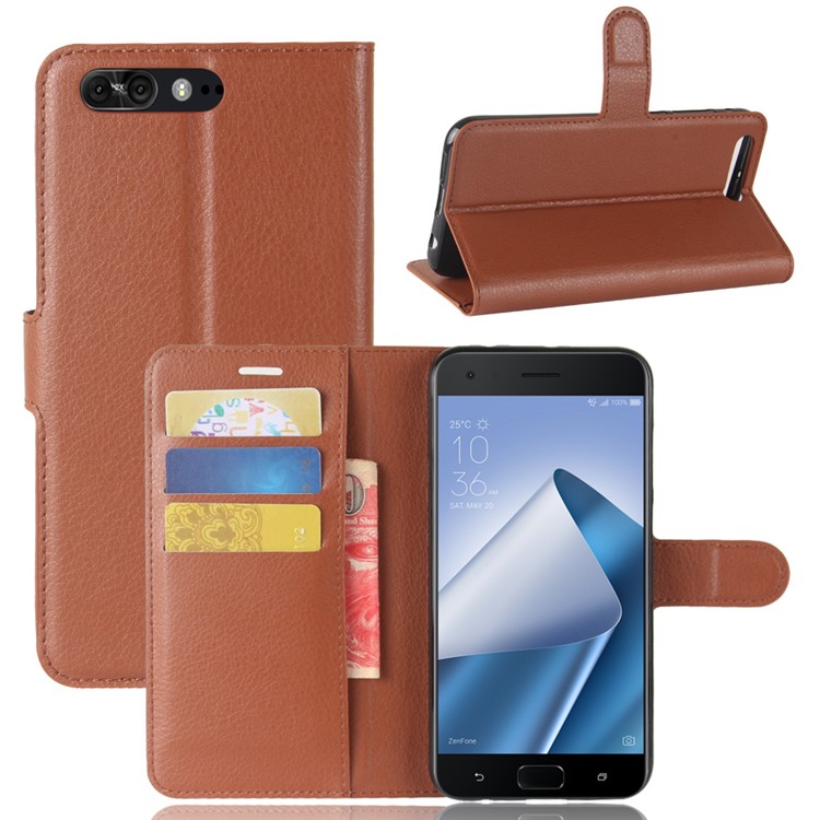 Litchi Texture Wallet Stand Leather Mobile Casing for Asus ZenFone 4 Pro (ZS551KL) - Brown-1