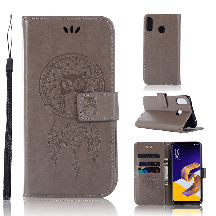 Imprint Owl Dream Catcher Pattern Wallet Leather Cover for Asus Zenfone 5Z ZS620KL - Grey-1