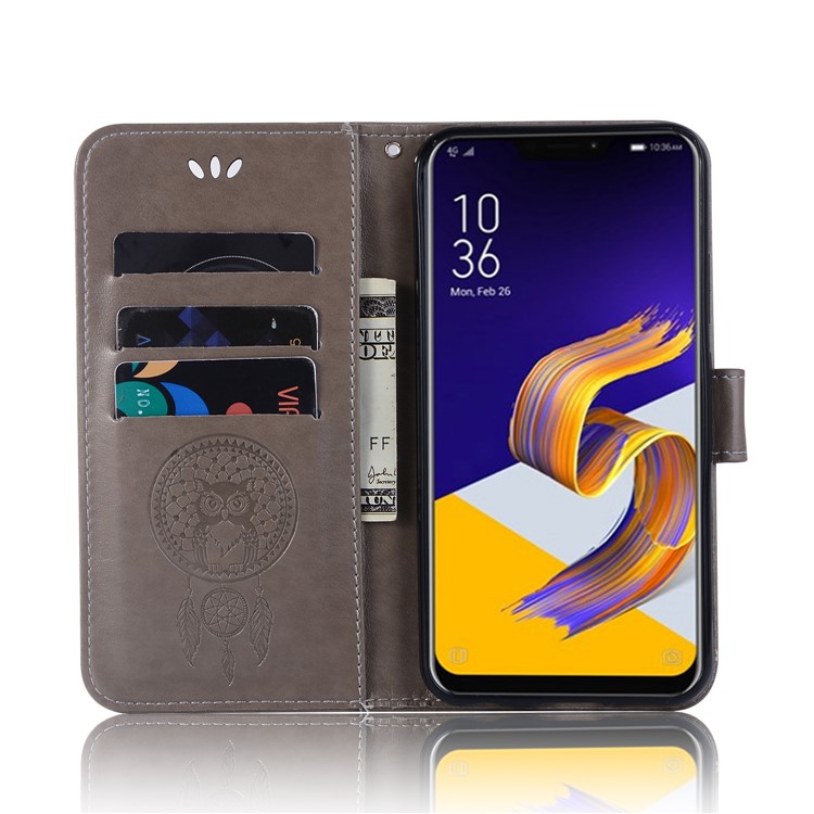 Imprint Owl Dream Catcher Pattern Wallet Leather Cover for Asus Zenfone 5Z ZS620KL - Grey-4