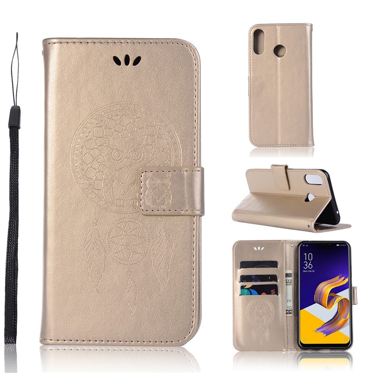 Imprint Owl Dream Catcher Pattern PU Leather Wallet Stand Phone Case for Asus Zenfone 5Z ZS620KL - Gold-1