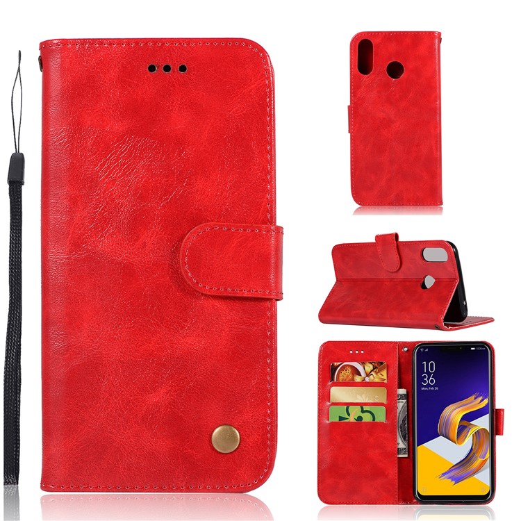 Premium Vintage Leather Wallet Case Phone Shell for Asus Zenfone 5Z ZS620KL - Red-1