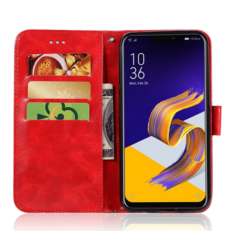Premium Vintage Leather Wallet Case Phone Shell for Asus Zenfone 5Z ZS620KL - Red-4