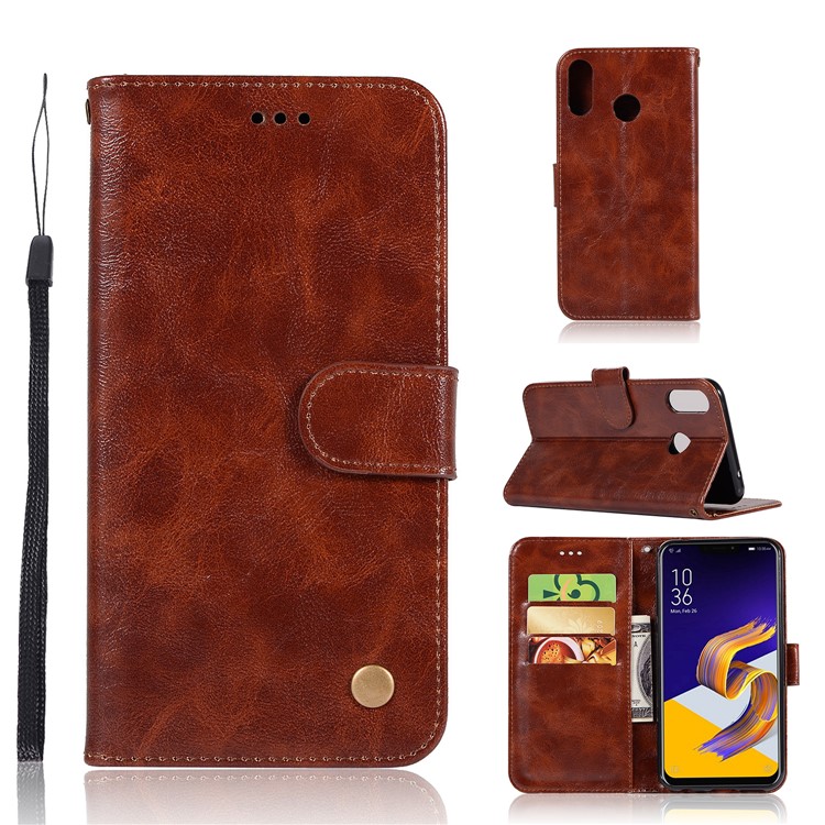 Premium Vintage Leather Wallet Case with Stand for Asus Zenfone 5Z ZS620KL - Coffee-1