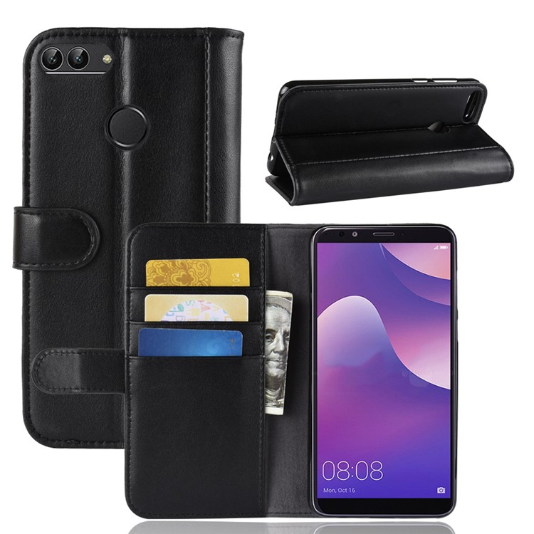 Genuine Split Leather Wallet Phone Shell with Stand for Huawei Y9 (2018) / Enjoy 8 Plus - Black-1