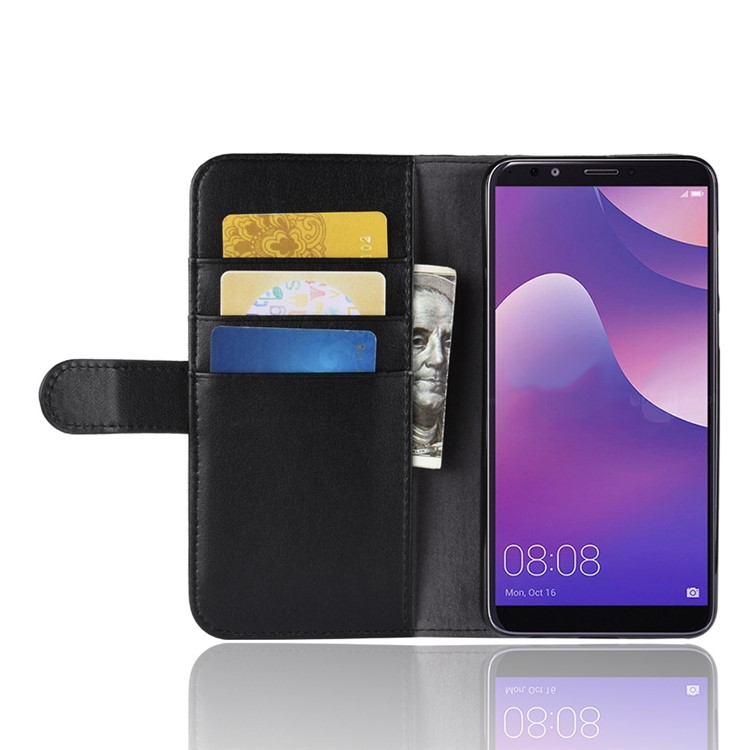 Genuine Split Leather Wallet Phone Shell with Stand for Huawei Y9 (2018) / Enjoy 8 Plus - Black-6