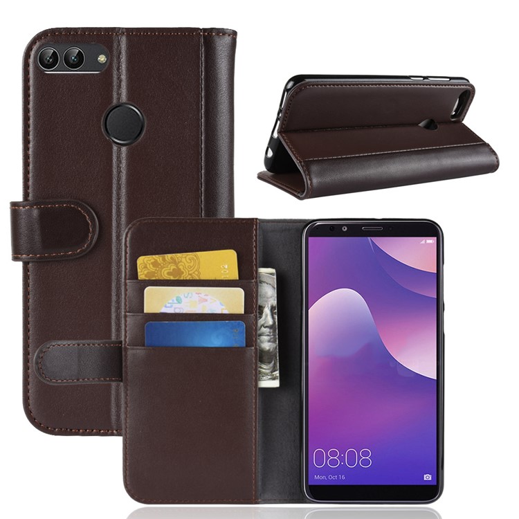 Genuine Split Leather Wallet Mobile Cover Case with Stand for Huawei Y9 (2018) / Enjoy 8 Plus - Coffee-1