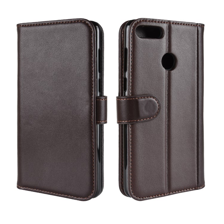 Genuine Split Leather Wallet Mobile Cover Case with Stand for Huawei Y9 (2018) / Enjoy 8 Plus - Coffee-2