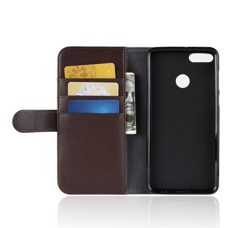 Genuine Split Leather Wallet Mobile Cover Case with Stand for Huawei Y9 (2018) / Enjoy 8 Plus - Coffee-5