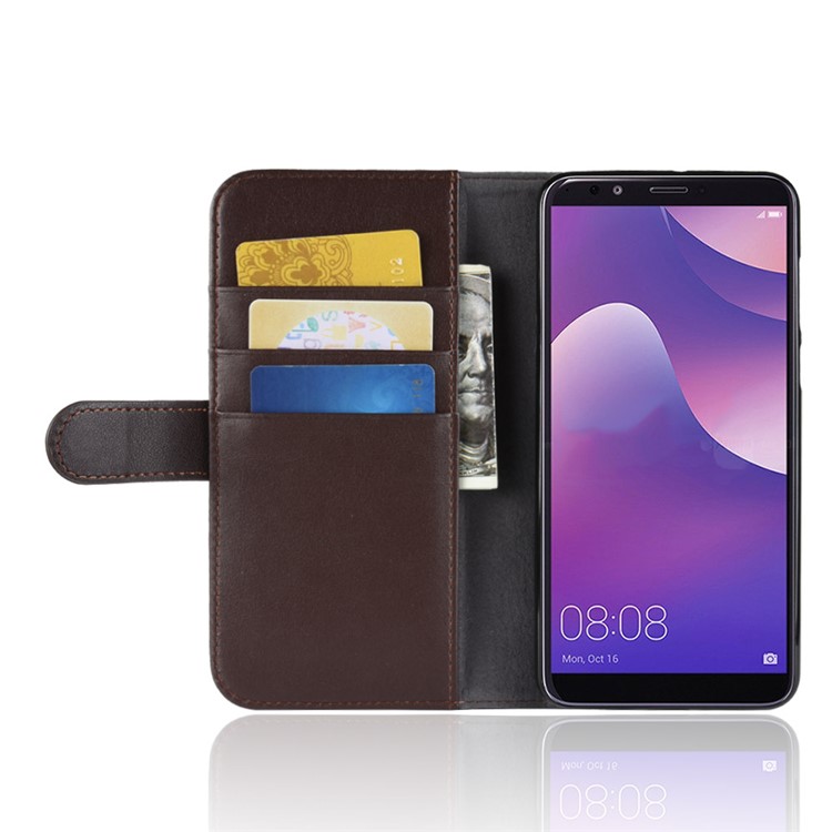 Genuine Split Leather Wallet Mobile Cover Case with Stand for Huawei Y9 (2018) / Enjoy 8 Plus - Coffee-6