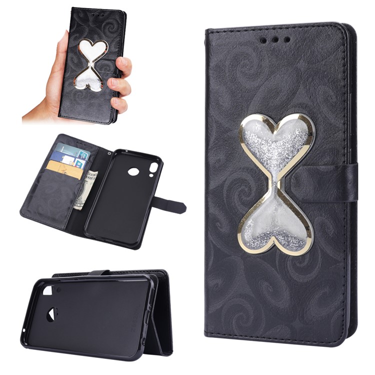 Love Heart Hourglass Quicksand Wallet Flip PU Leather Phone Cover for Asus Zenfone 5Z ZS620K - Black-1
