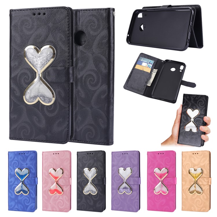 Love Heart Hourglass Quicksand Wallet Flip PU Leather Phone Cover for Asus Zenfone 5Z ZS620K - Black-2