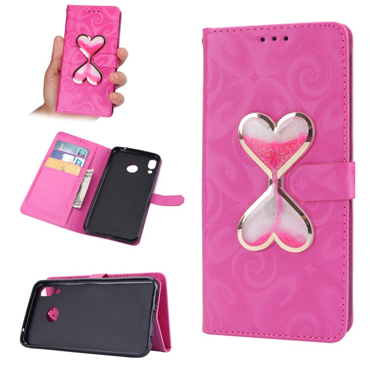 Love Heart Hourglass Quicksand Wallet Flip PU Leather Phone Case for Asus Zenfone 5Z ZS620K - Rose-1