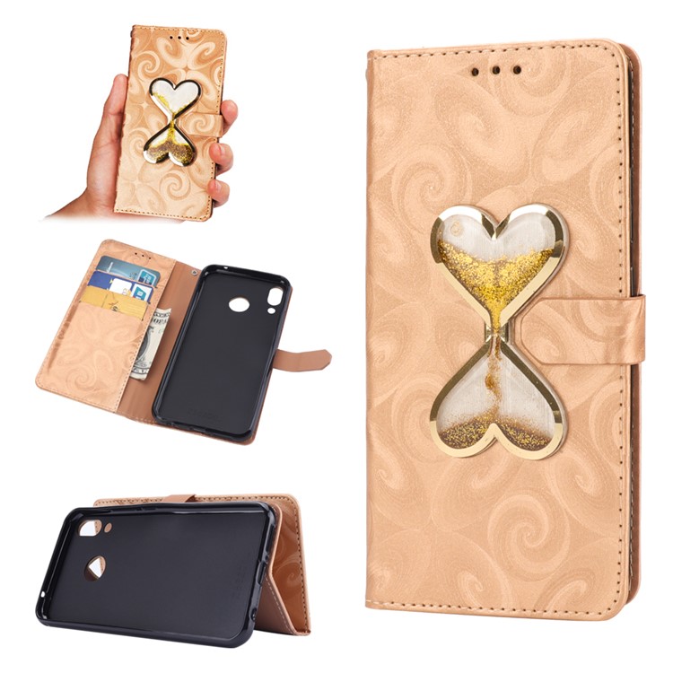 Love Heart Hourglass Quicksand Wallet Flip PU Leather Phone Casing Cover for Asus Zenfone 5Z ZS620K - Gold-1