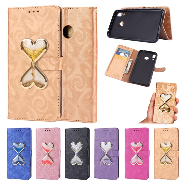 Love Heart Hourglass Quicksand Wallet Flip PU Leather Phone Casing Cover for Asus Zenfone 5Z ZS620K - Gold-2