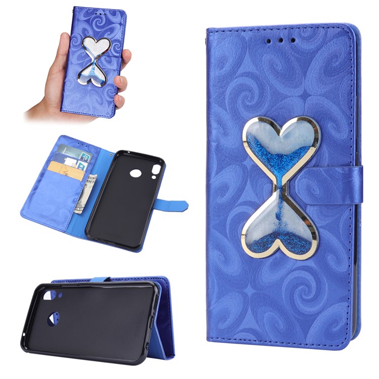 Love Heart Hourglass Quicksand Wallet Flip PU Leather Mobile Cover for Asus Zenfone 5Z ZS620K - Blue-1