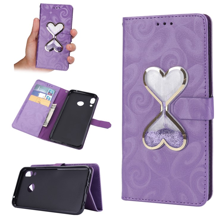 Love Heart Hourglass Quicksand Wallet Flip PU Leather Phone Accessory Cover for Asus Zenfone 5Z ZS620K - Purple-1