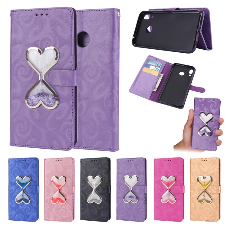 Love Heart Hourglass Quicksand Wallet Flip PU Leather Phone Accessory Cover for Asus Zenfone 5Z ZS620K - Purple-2
