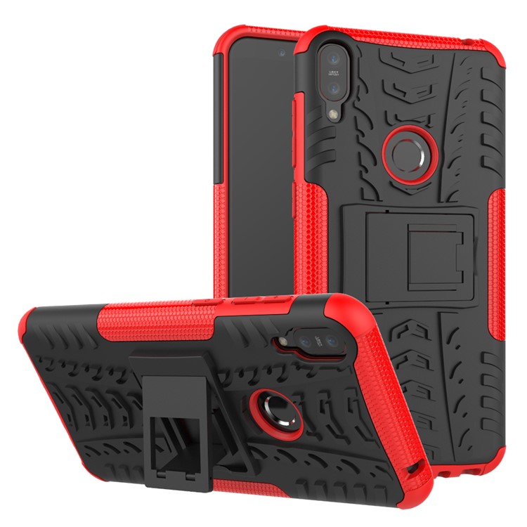 Tire Pattern Kickstand PC + TPU Hybrid Back Back Back Pour Asus Zenfone Max Pro (M1) ZB601KL / Zb602kl - Rouge