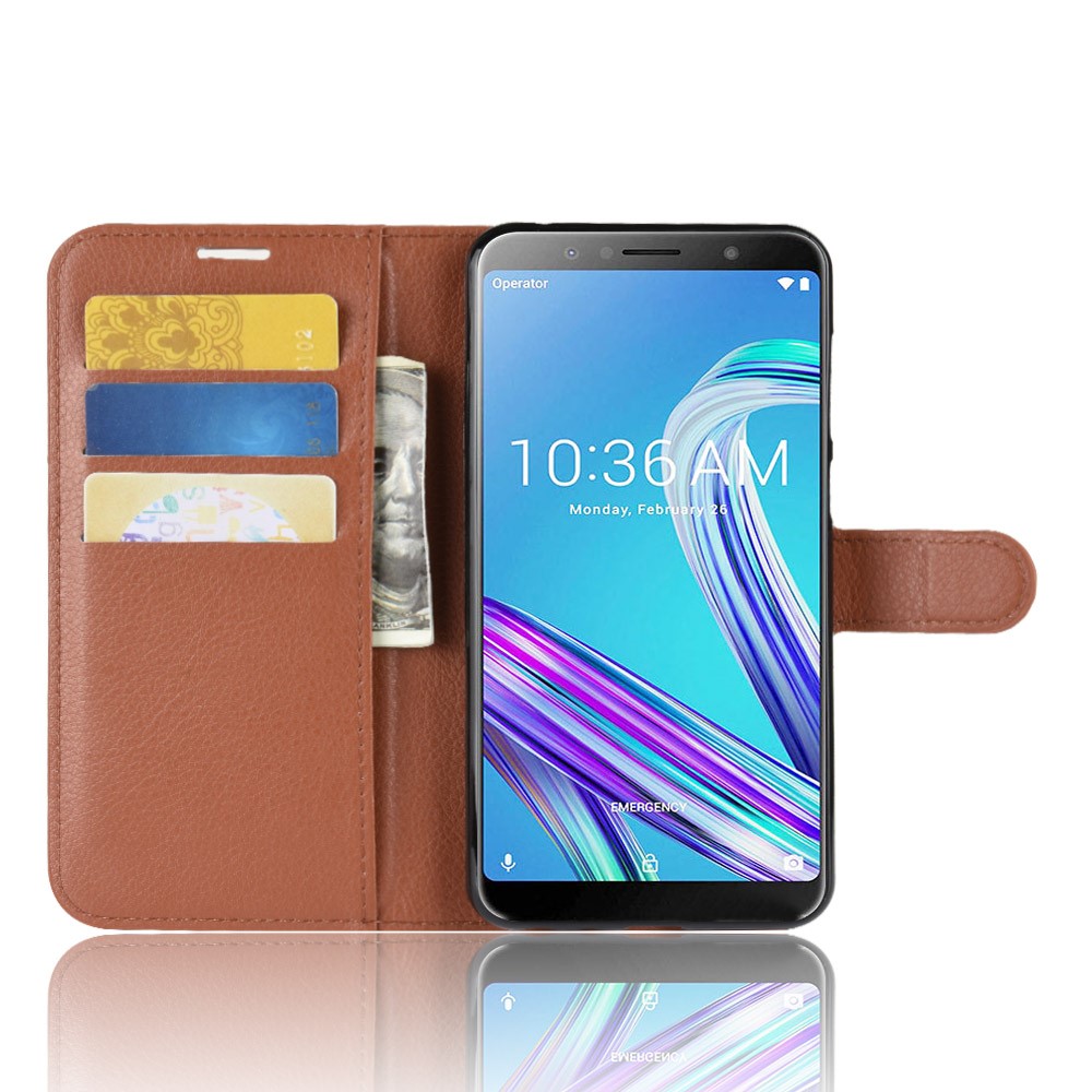 Litchi Skin Leather Stand Toup Com Slots de Cartão Para Asus Zenfone Max Pro (m1) Zb601kl - Castanho