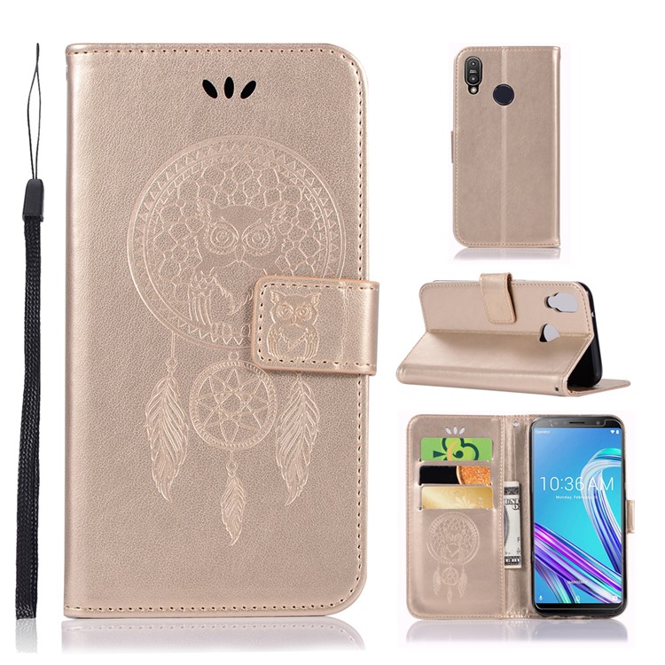 Imprinted Dream Catcher Owl Leather Wallet Phone Case for Asus Zenfone Max Pro (M1) ZB601KL - Gold-1