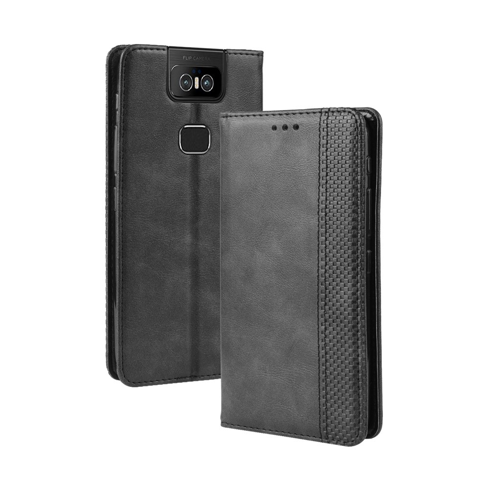 Vintage Style PU Leather Wallet Phone Cover for Asus Zenfone 6 ZS630KL/Zenfone 6z/Zenfone 6 2019 - Black-2