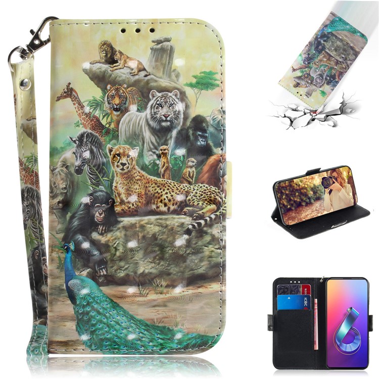 Light Spot Decor Pattern Printing Wallet Stand Flip Leather Phone Shell with Strap for Asus Zenfone 6 ZS630KL - Animal kingdom-1