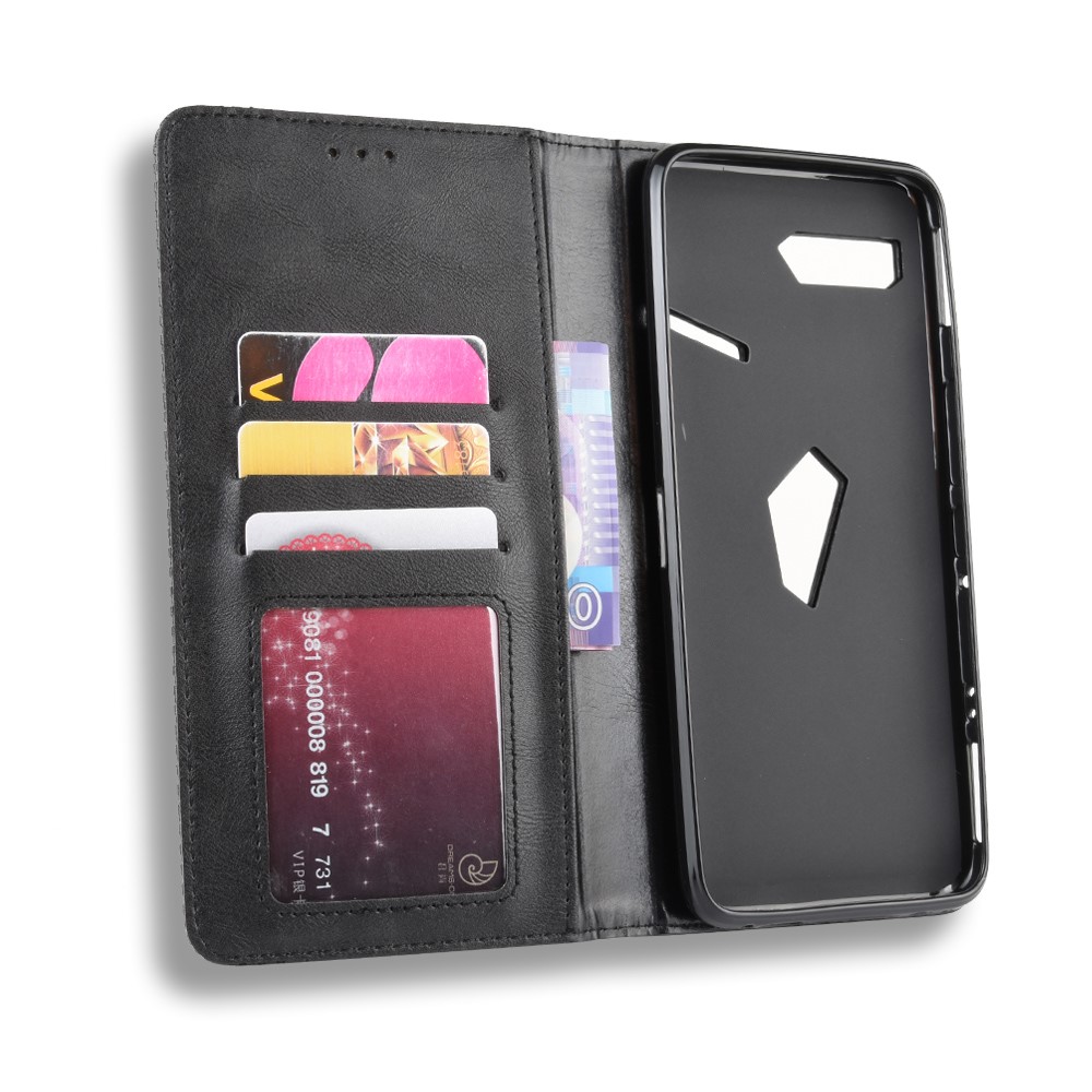 Retro Auto-absorbed PU Leather Wallet Cover Case for Asus ROG Phone II ZS660KL - Black-2