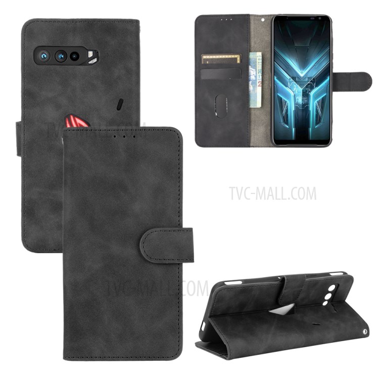Skin-touch Flip Case Wallet Stand Leather Cover for Asus ROG Phone 3 ZS661KS - Black-1
