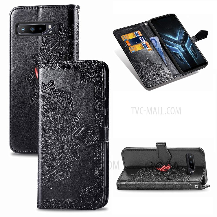 Embossed Mandala Flower Wallet Leather Shell for Asus ROG Phone 3 ZS661KS - Black-1