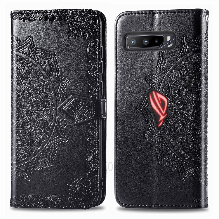 Embossed Mandala Flower Wallet Leather Shell for Asus ROG Phone 3 ZS661KS - Black-2