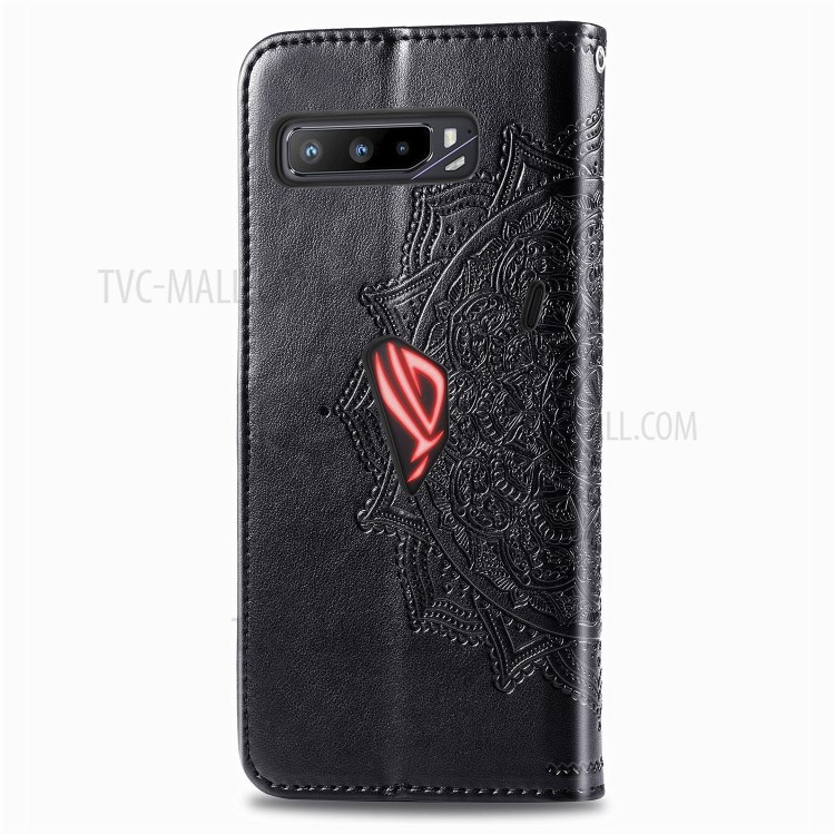 Embossed Mandala Flower Wallet Leather Shell for Asus ROG Phone 3 ZS661KS - Black-4
