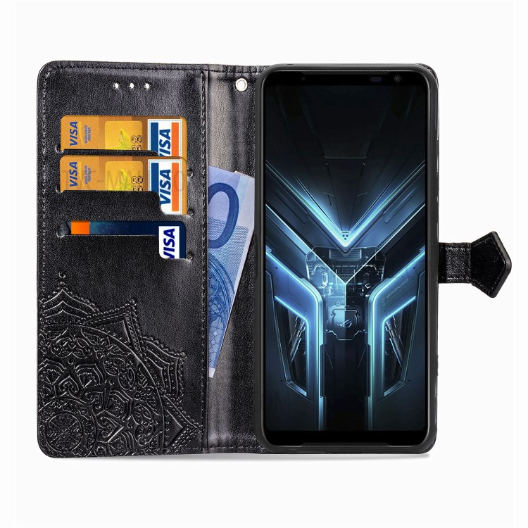 Embossed Mandala Flower Wallet Leather Shell for Asus ROG Phone 3 ZS661KS - Black-5