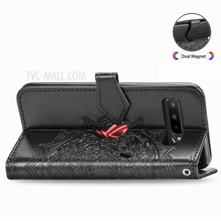 Embossed Mandala Flower Wallet Leather Shell for Asus ROG Phone 3 ZS661KS - Black-7
