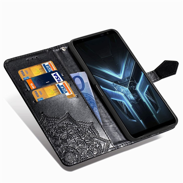 Embossed Mandala Flower Wallet Leather Shell for Asus ROG Phone 3 ZS661KS - Black-8
