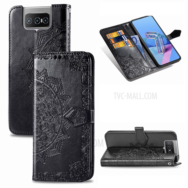 Embossed Mandala Flower Wallet Leather Shell for Asus Zenfone 7 ZS670KS - Black-1