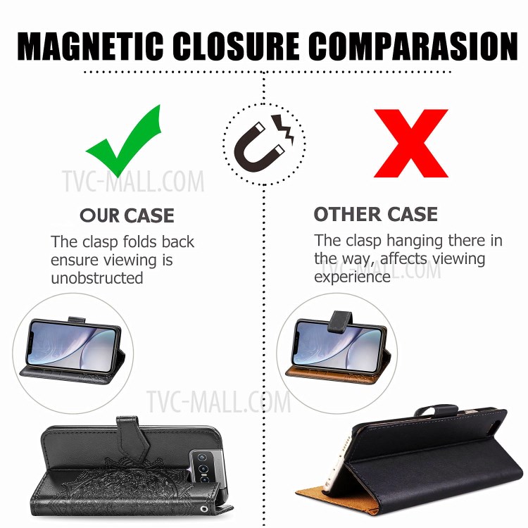 Embossed Mandala Flower Wallet Leather Shell for Asus Zenfone 7 ZS670KS - Black-11